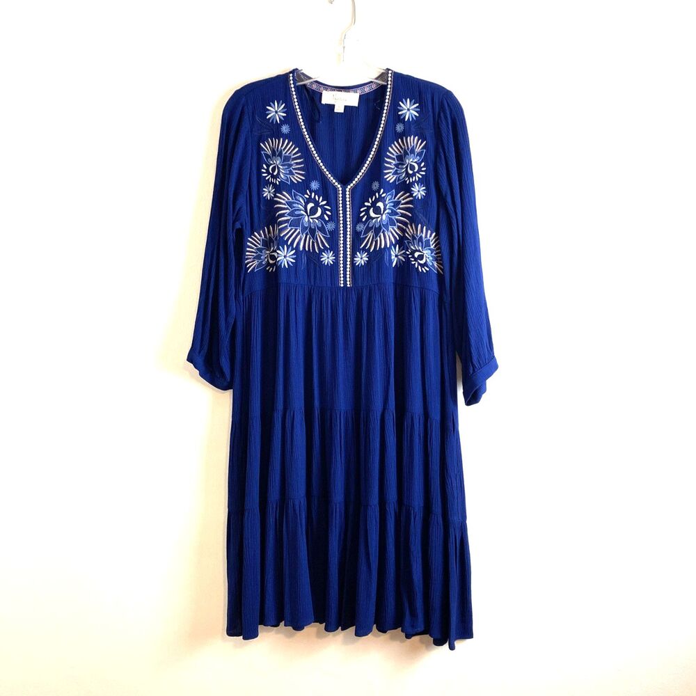 Nurture by Westbound Women's Tunic Dress M Gauze Blue Floral Embroidered Boho